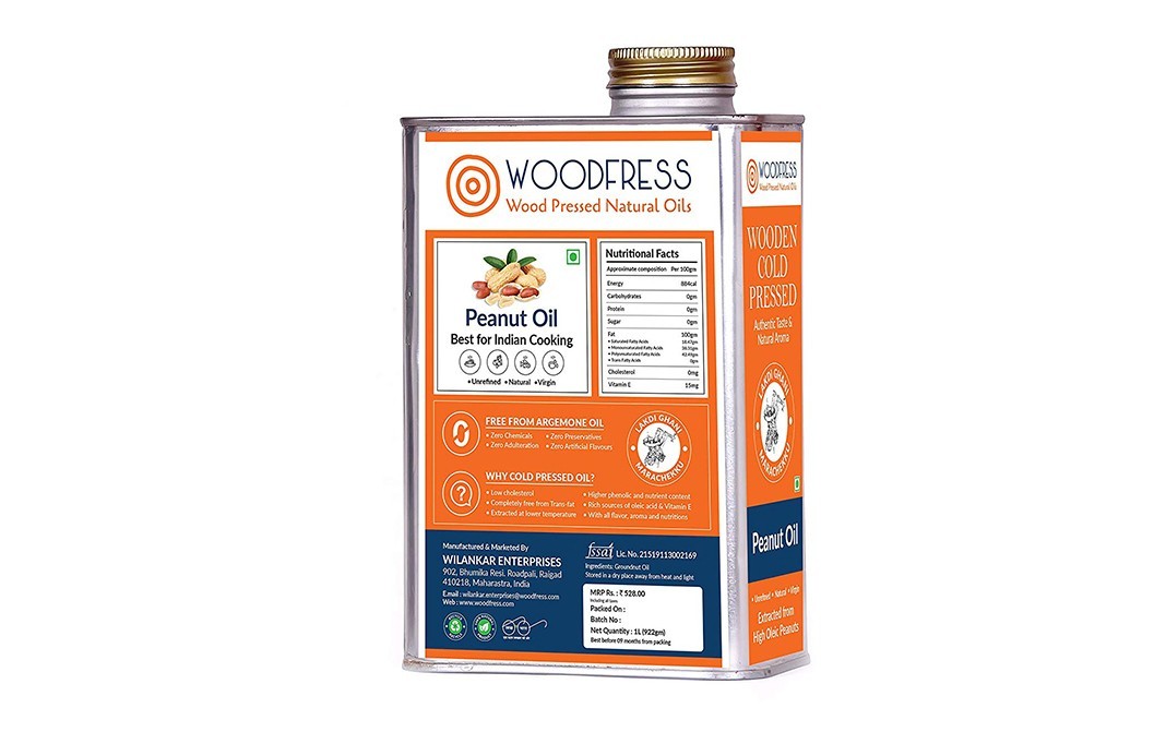 Woodfress Wooden Cold Pressed Peanut Oil   Tin  1 litre